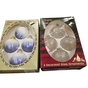 Christmas by Krebs Glass Ornaments Lot 8 Blue White Silver Glitter 2.5" Frosted